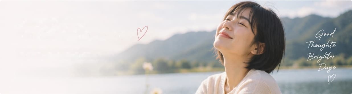 Scenic morning lake with mountains and Sena smiling in sunlight